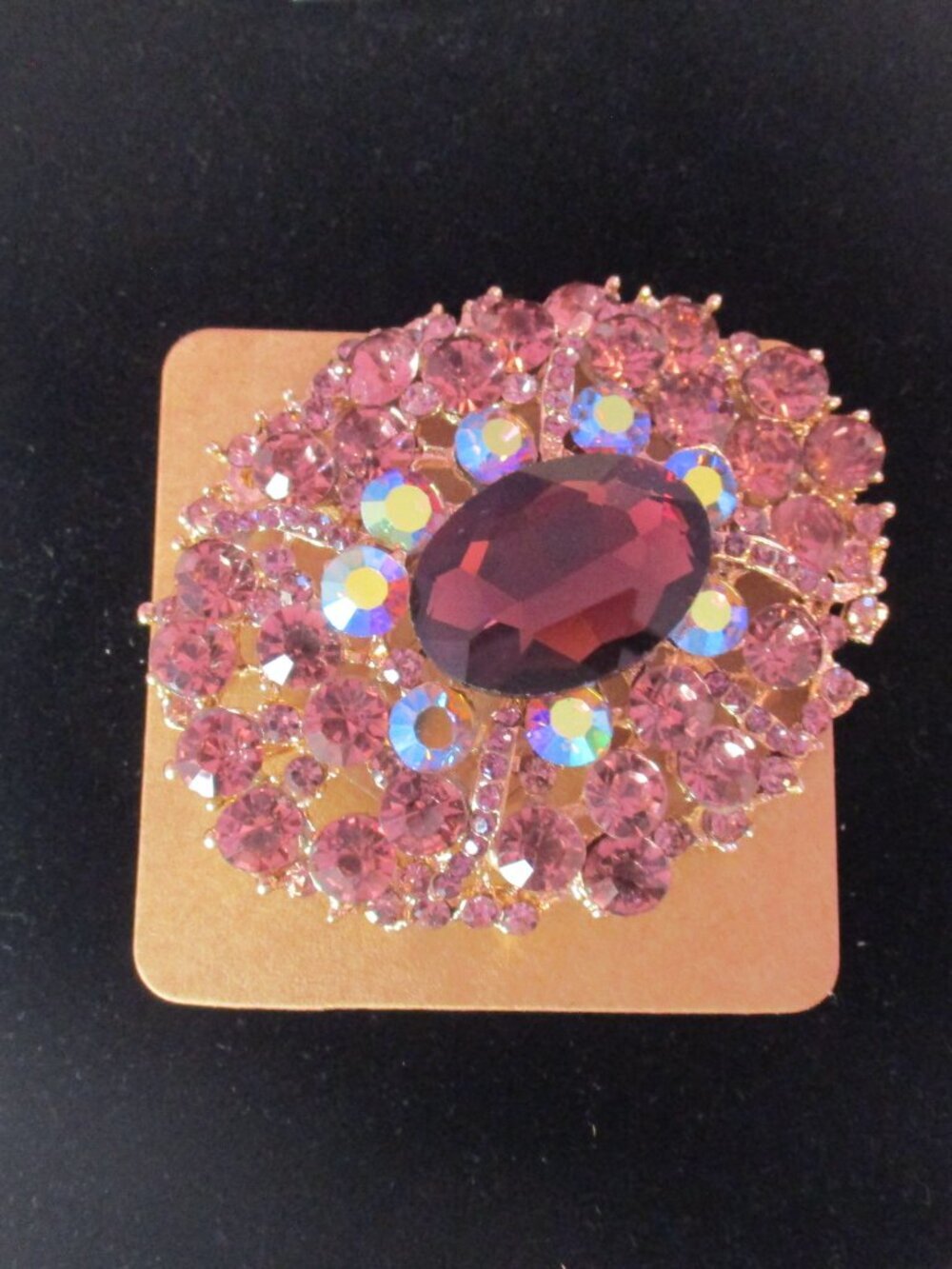Brooch Pendant Statement Oval Purple Rhinestone Aurora Borealis Crystals 3 in